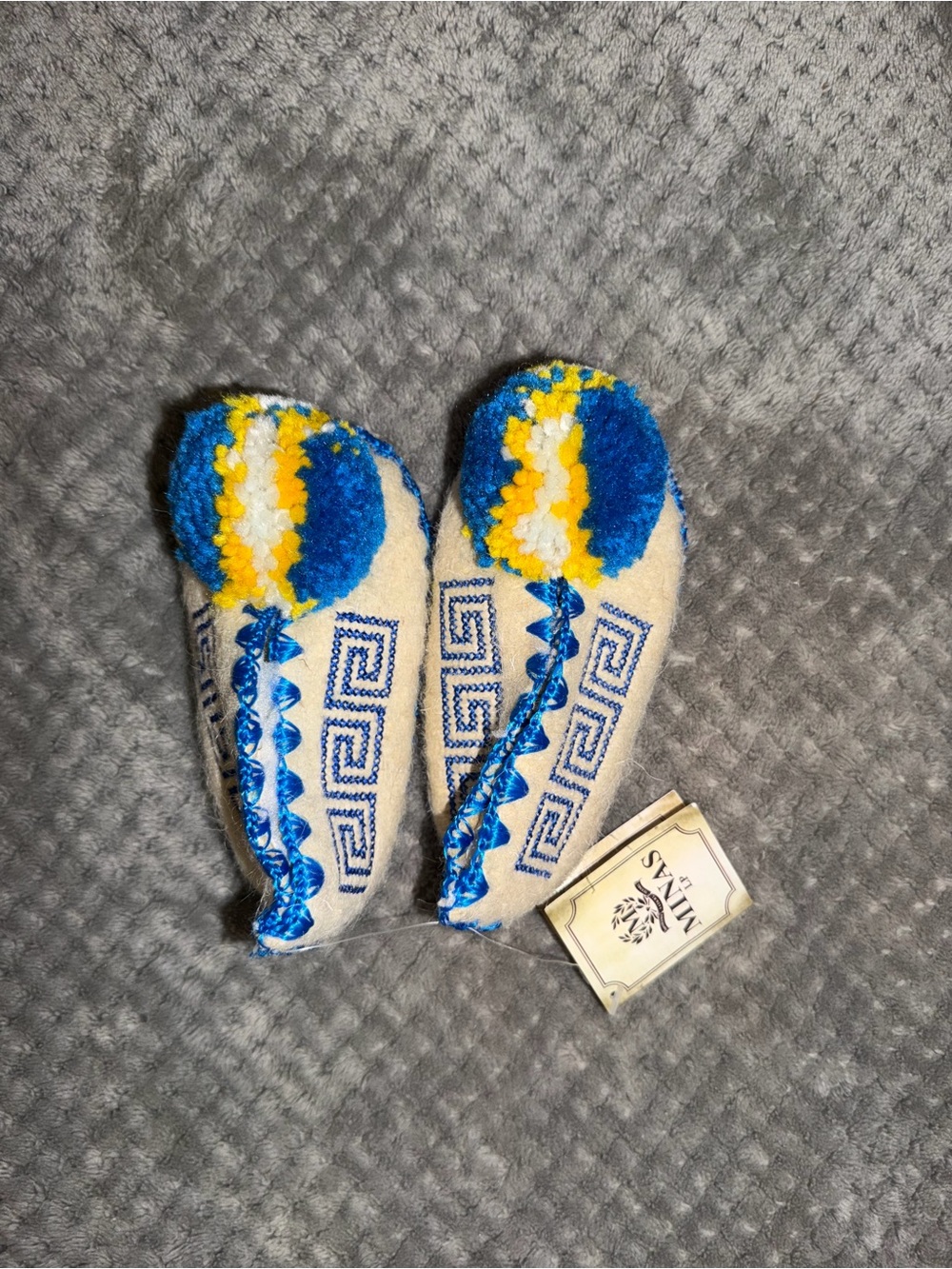 Blue & Yellow Pom Pom Kids Slippers with Decorative Stitching